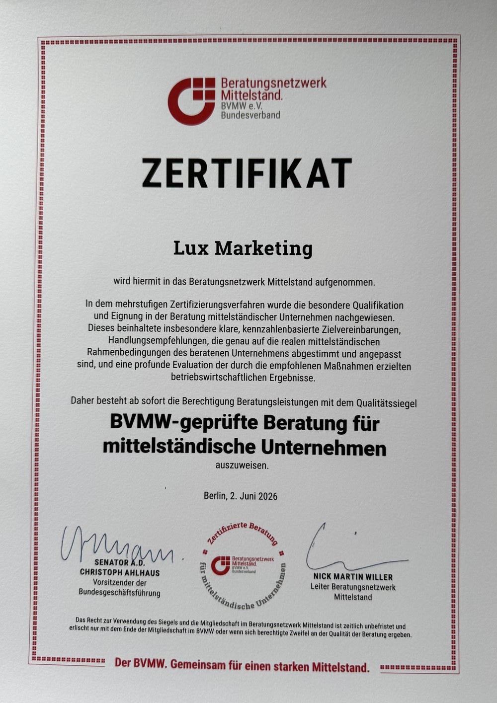 BVMW-Zertifikat: BVMW-geprüfte Beratung für mittelständische Unternehmen – Lux Marketing